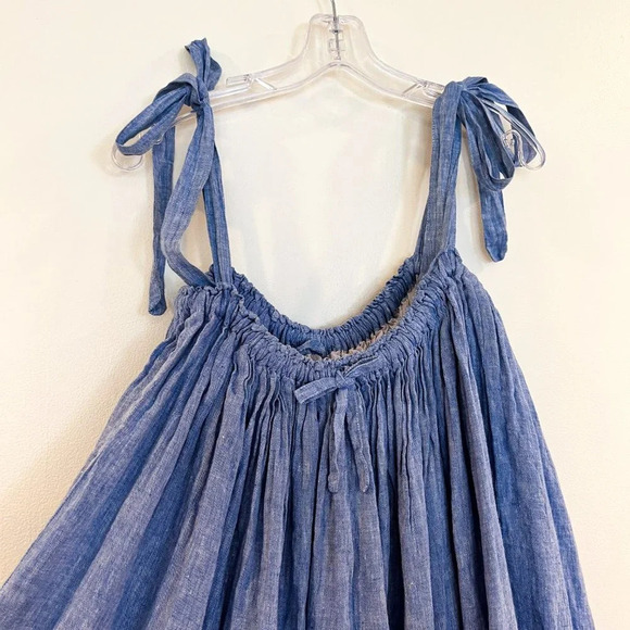 Innika Choo Denim Embroidered Tie Strap Pleated Designer Swing Mini Dress 2/M - Picture 4 of 10